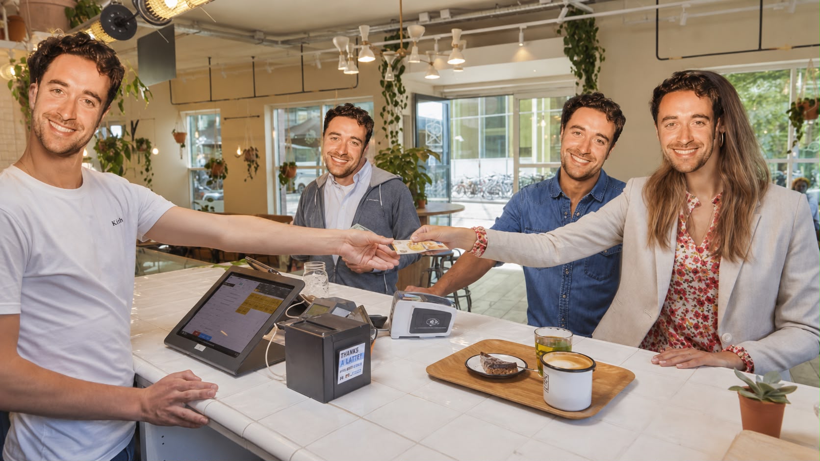 Mink paying at a Dutch café counter
